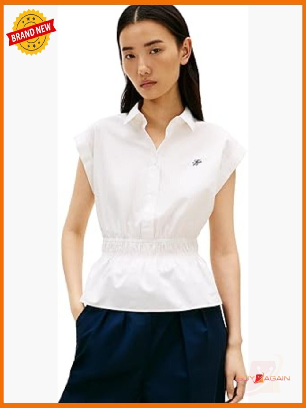 Sleeveless Cotton Button Down Shirt Smocked Waist Peplum Top